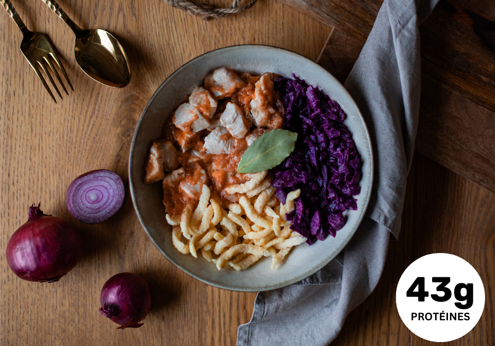 • Poulet au chou rouge & spätzle